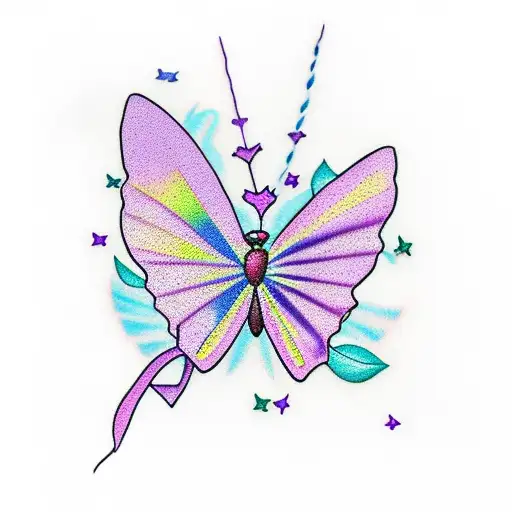 A school of colorful purple butterflies gracefully flying around a delicate Cancer awareness ribbon tattoo design idea