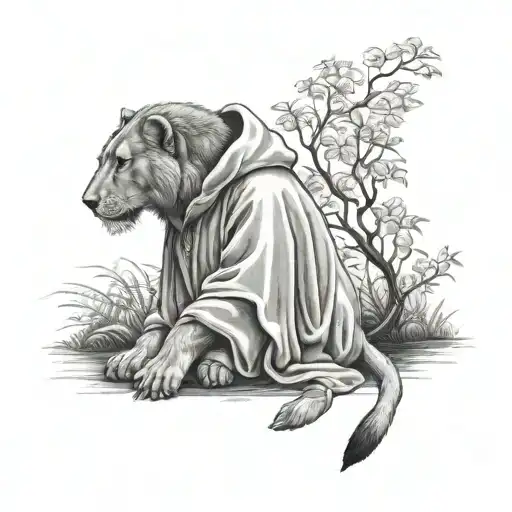 St. Francis of Assisi sits serenely, his hood drawn up, embodying humility and devotion. A noble lion rests at his side, tattoo design idea