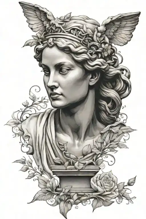Realistic portrait of the goddess nike statue shaded surrounding  tattoo design idea