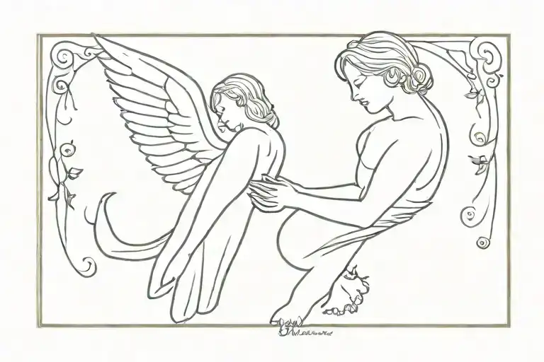 lyric "You are forever there in my thoughts and chest While through tears and laughter you present Lipota to all people" with smal simple angel tattoo design idea