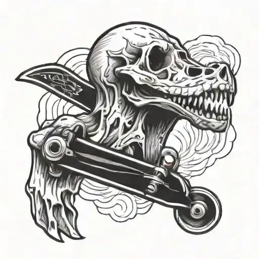 duck skull with skate and ice ax alpinisme tattoo design idea