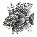 A lion fish morphing into a mechanical representation of a drug molecule tattoo design idea