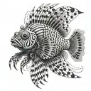A lion fish morphing into a mechanical representation of a drug molecule tattoo design idea