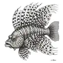 A lion fish morphing into a mechanical representation of a drug molecule tattoo design idea