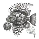A lion fish morphing into a mechanical representation of a drug molecule tattoo design idea