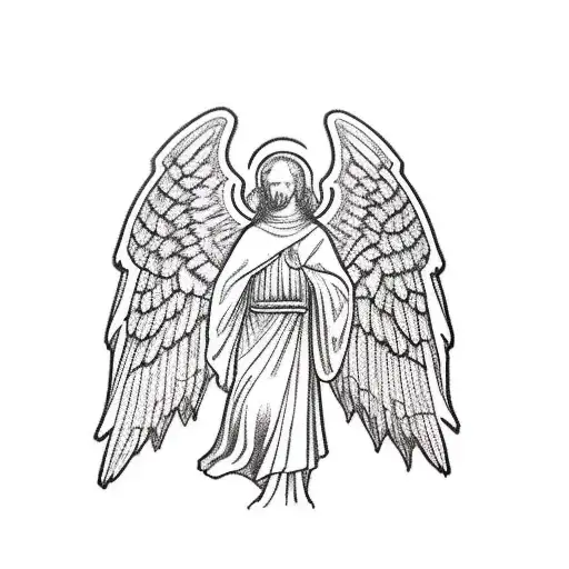 st Benedict back of emblem with angel warrior silhouette flying in front tattoo design idea