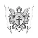 st Benedict back of emblem with angel warrior silhouette flying in front tattoo design idea