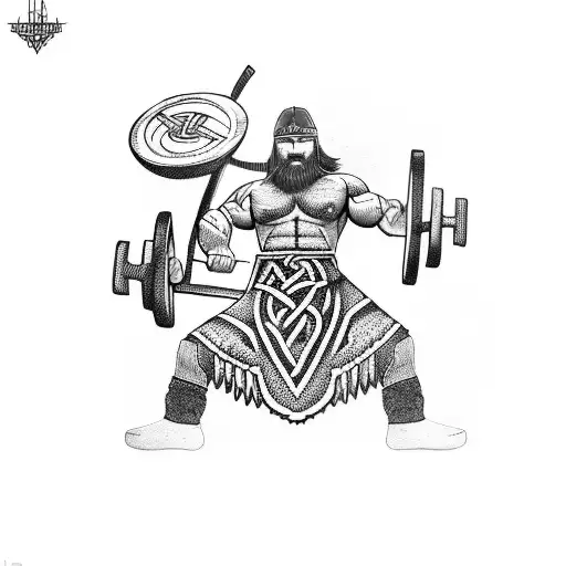 A powerful Viking warrior lifting weights in a gym, with tribal patterns adorning his body tattoo design idea