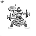 A powerful Viking warrior lifting weights in a gym, with tribal patterns adorning his body tattoo design idea