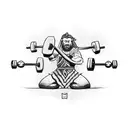 A powerful Viking warrior lifting weights in a gym, with tribal patterns adorning his body tattoo design idea