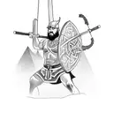 A powerful Viking warrior lifting weights in a gym, with tribal patterns adorning his body tattoo design idea