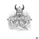 A powerful Viking warrior lifting weights in a gym, with tribal patterns adorning his body tattoo design idea