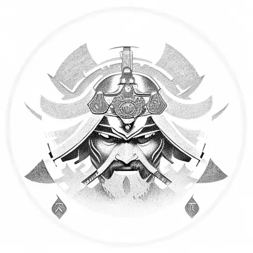 a samurai with an emblem with the letter m on his head tattoo design idea