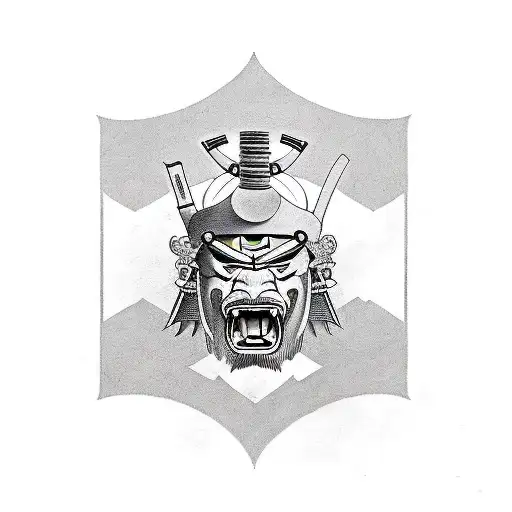 a samurai with an emblem with the letter m on his head tattoo design idea