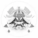 a samurai with an emblem with the letter m on his head tattoo design idea