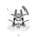 a samurai with an emblem with the letter m on his head tattoo design idea