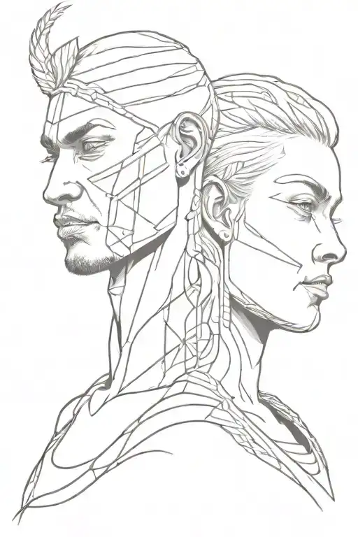 2 half faces split by a line. one African warrior and one Swedish Viking  tattoo design idea