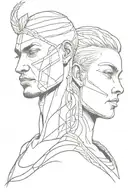 2 half faces split by a line. one African warrior and one Swedish Viking  tattoo design idea