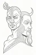 2 half faces split by a line. one African warrior and one Swedish Viking  tattoo design idea