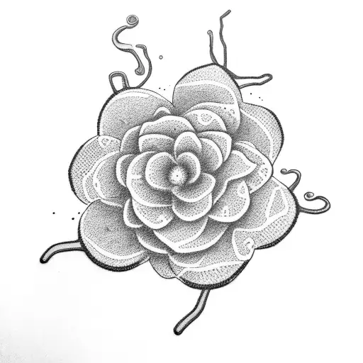 A dotwork tattoo of a botanical garden with various plants and flowers intertwined with Lego bricks tattoo design idea