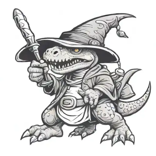 dinosaur wizard holding a wand and wearing a hat tattoo design idea