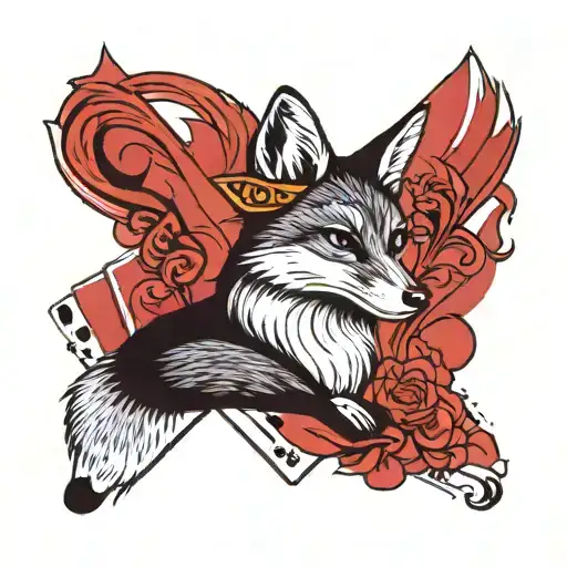 Small minimal fox sitting on a square background, accented by calligraphy brush strokes, with 4 large Aces playing cards tattoo design idea