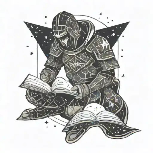 A warrior reading a book under a starry sky, symbolizing personal growth tattoo design idea