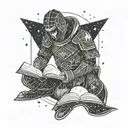 A warrior reading a book under a starry sky, symbolizing personal growth tattoo design idea