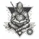 A warrior reading a book under a starry sky, symbolizing personal growth tattoo design idea