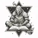 A warrior reading a book under a starry sky, symbolizing personal growth tattoo design idea