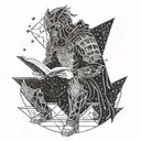 A warrior reading a book under a starry sky, symbolizing personal growth tattoo design idea