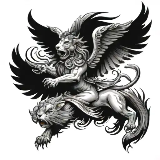 lion, maiden with scales and phoenix bird taking off tattoo design idea