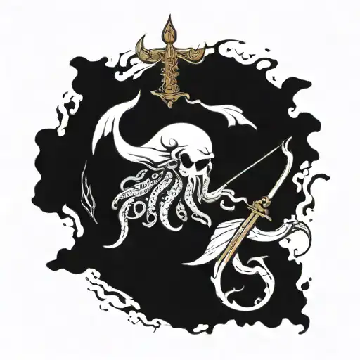 whale, octopus, Poseidon holding a trident tattoo design idea