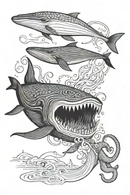 blue whale with squid tattoo design idea