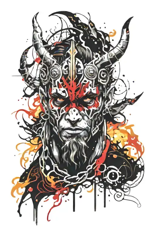 Evil demon style character with fire and flames only face with viking mythology inspiration tattoo design idea