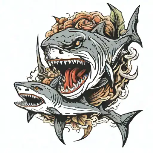 horror theme tattoo sleeve with the shark from jaws, Jason Vorhees, and Michael Myers  tattoo design idea