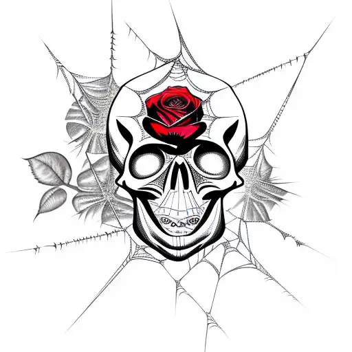 spider web, red rose, skull, tattoo design idea