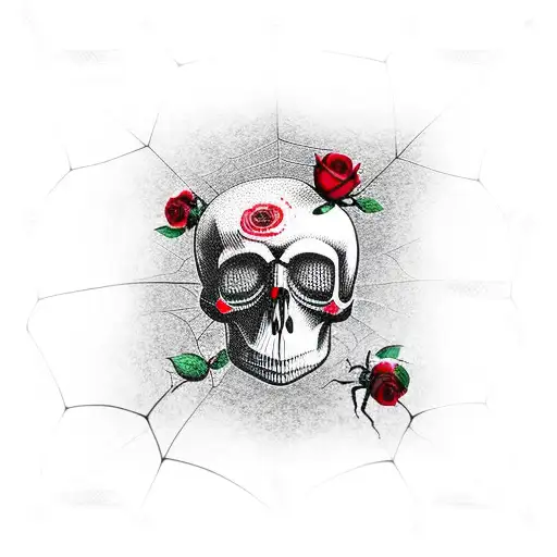 spider web, red rose, skull, tattoo design idea