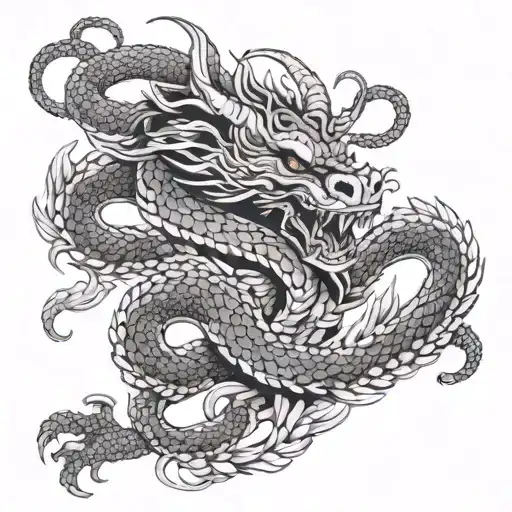 A traditional Japanese dragon intertwined with a skull, symbolizing the blend of history and death, with intricate dotwork details tattoo design idea