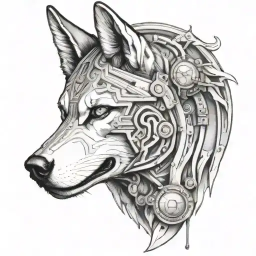 A cybernetic husky inspired by Greek mythology, with elements of wars and Marcus Aurelius incorporated into the design tattoo design idea