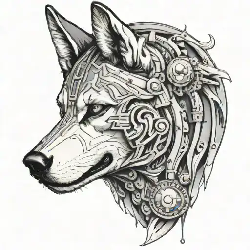 A cybernetic husky inspired by Greek mythology, with elements of wars and Marcus Aurelius incorporated into the design tattoo design idea