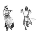 two people in balaclava on a black background tattoo design idea
