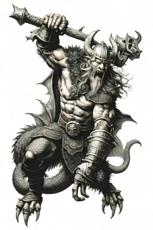 viking fighting dragon tattoo design idea