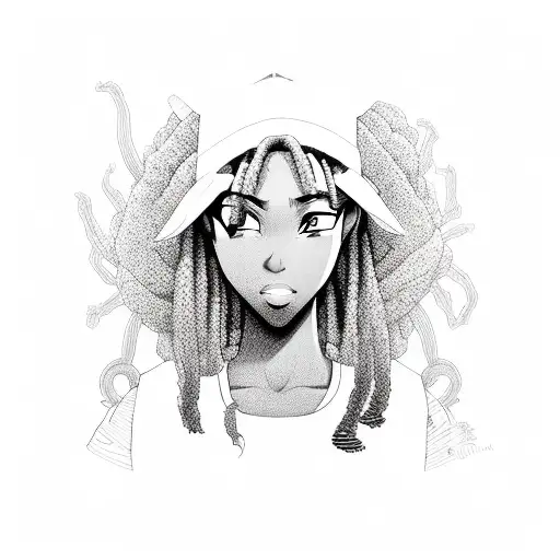 A african American anime character with intricate longs dreadlocs in black-grey style tattoo design idea