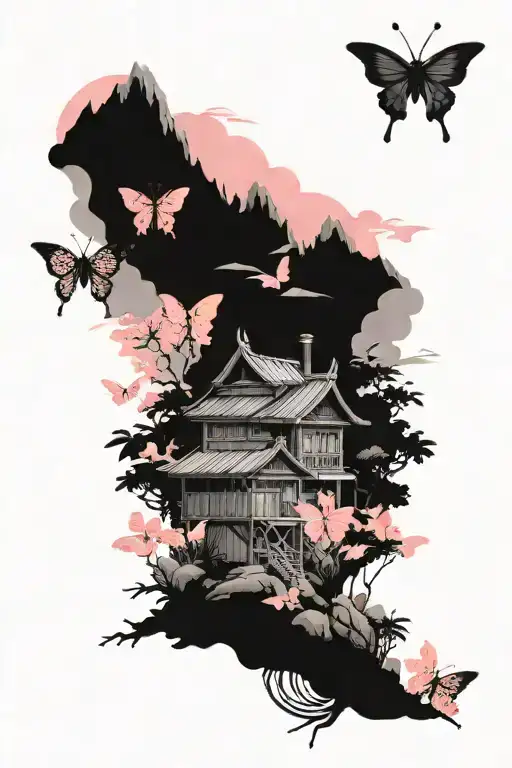  - Mountains in the background - Pink butterflies - A traditional Japanese house (Mondo-style) - A jungle backdrop blend tattoo design idea