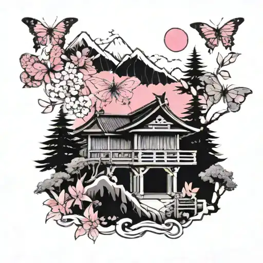  - Mountains in the background - Pink butterflies - A traditional Japanese house (Mondo-style) - A jungle backdrop blend tattoo design idea