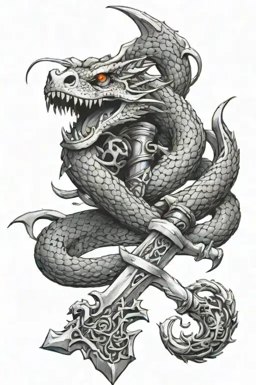 snake and Dragon wrapped around a sword with a skull at the hilt of the sword  tattoo design idea