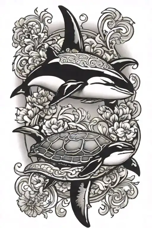 orca and turtle with fleur de lis tattoo design idea