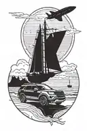 Ford explorer on the beach looking at the sunset with a small space ship in the sky tattoo design idea