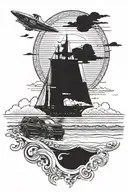 Ford explorer on the beach looking at the sunset with a small space ship in the sky tattoo design idea